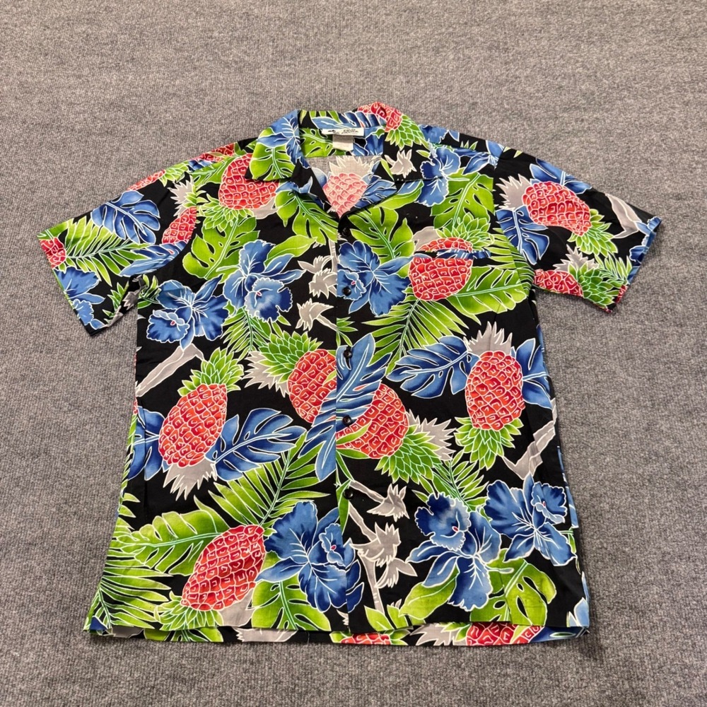 Hilo Hattie Hawaiian Shirt Sz XLBlack Pineapple Floral Tropical Made in Hawaii